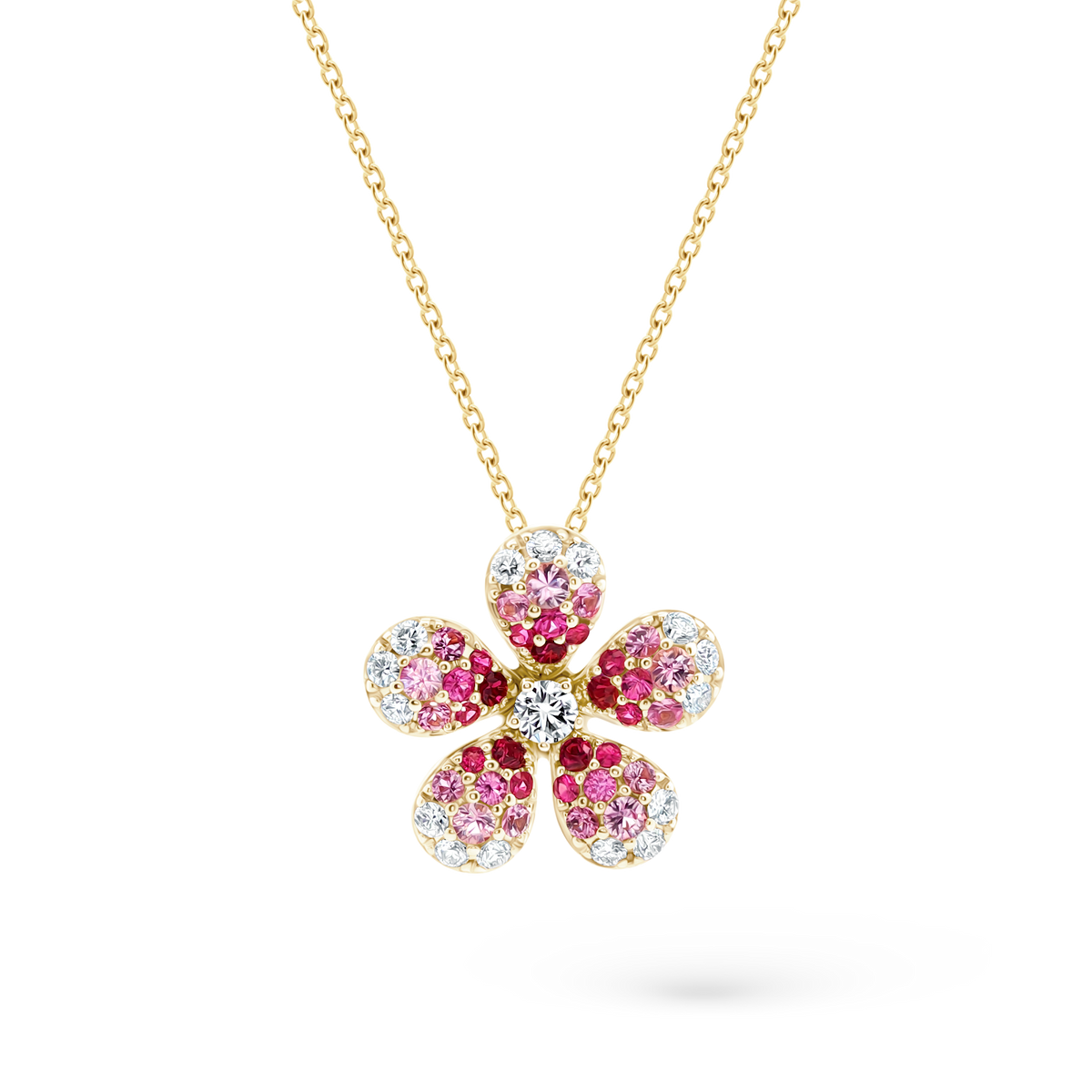 .40ct 18k Yellow Gold Diamond, Ruby, and Pink Sapphire Flower Pendant - SKU 230-236