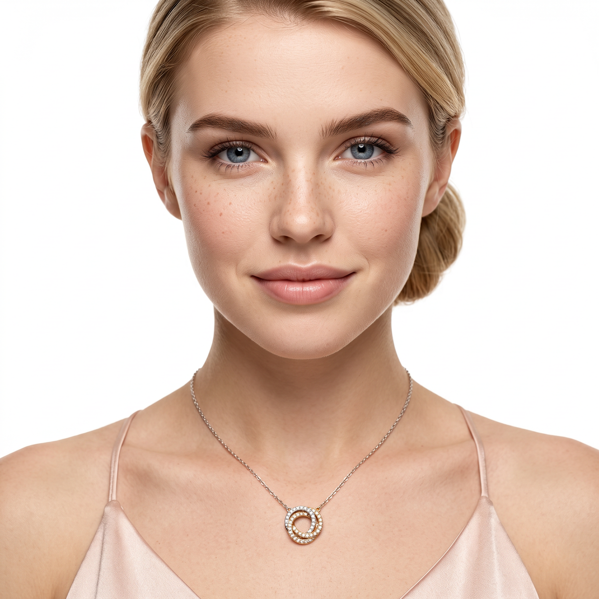 160-5395 — 0.50ct 18k Tri-Color Gold Diamond Knot Pendant worn on model