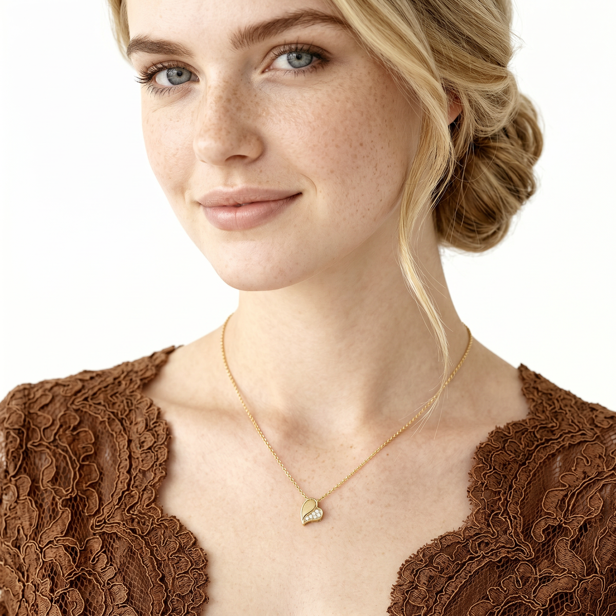 Roberto Coin 18K Yellow Gold Diamond Heart Necklace worn by model