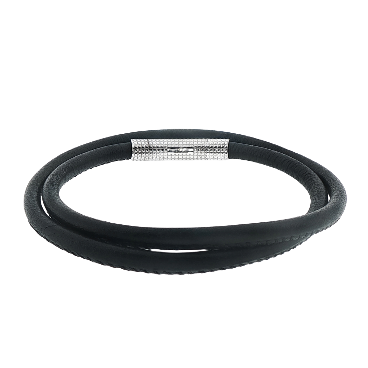 Tateossian Giza Click Stitch Pelle Bracelet in Rhodium and Black Leather — photo 1 of 1