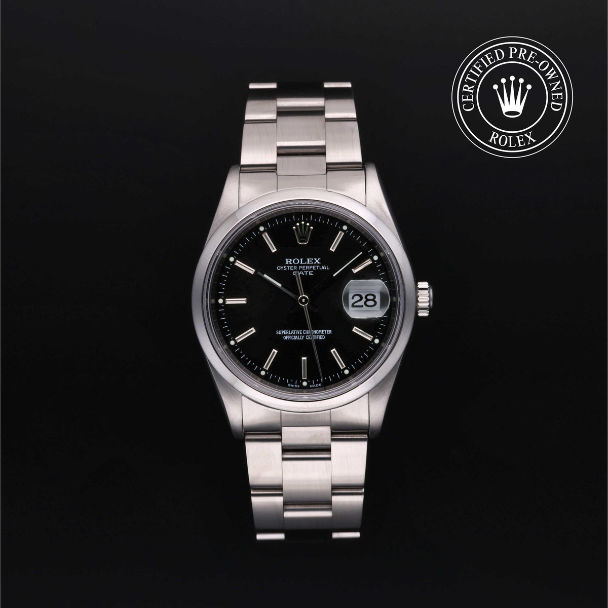 Rolex Certified Pre-Owned Date 34 M15200 in Oystersteel with black dial, image 1 of 41