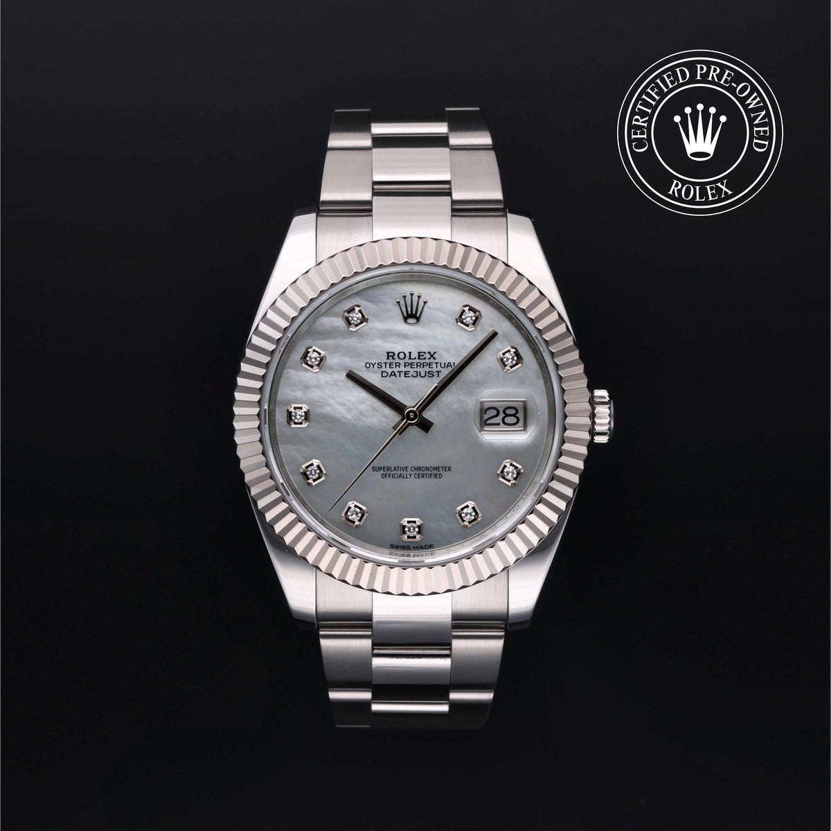 Rolex Certified Pre-Owned Datejust 41 M126334 in Oystersteel with white mother-of-pearl dial, image 1 of 41