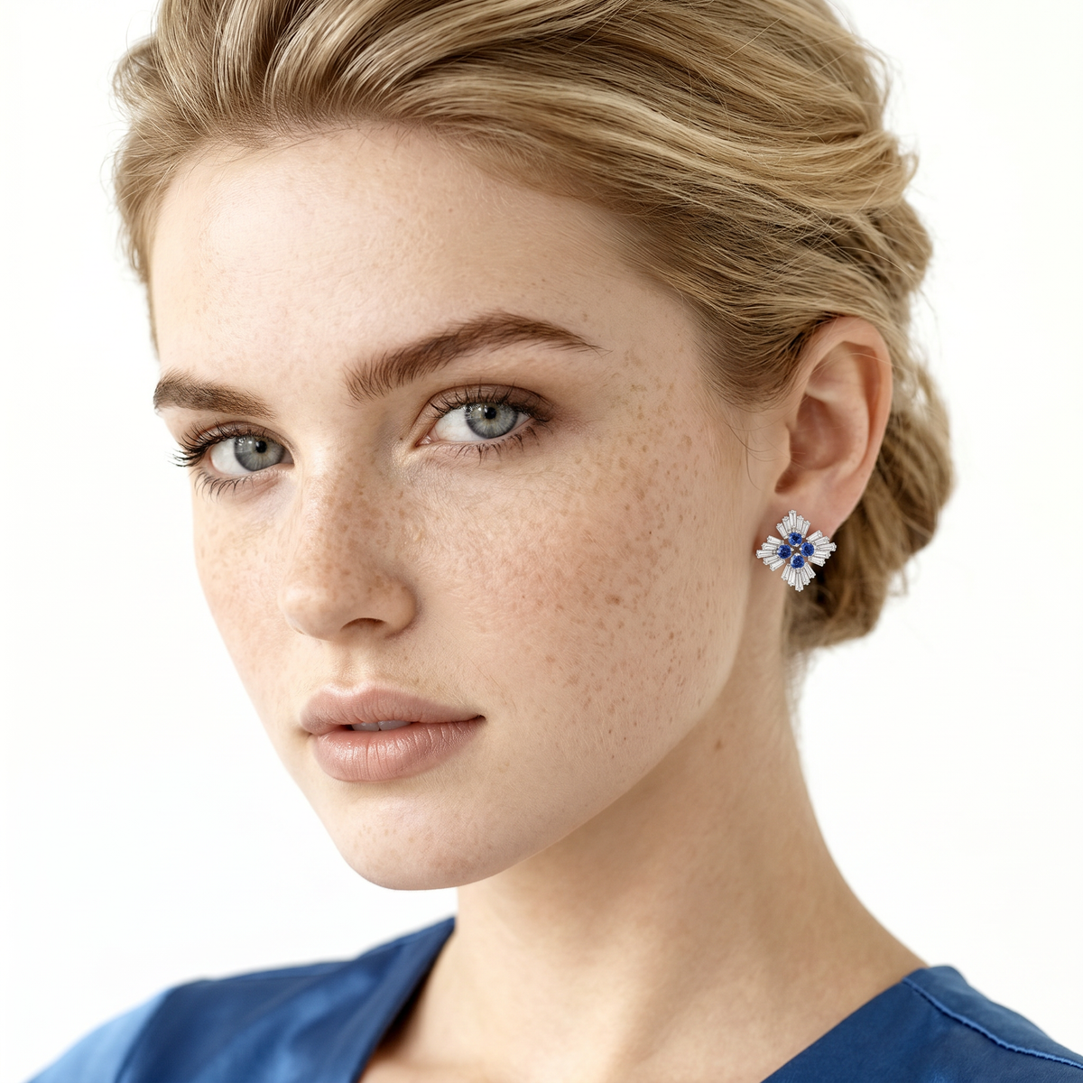 Roberto Coin Princess 18K White Gold Diamond & Blue Sapphire Flower Earrings worn by model