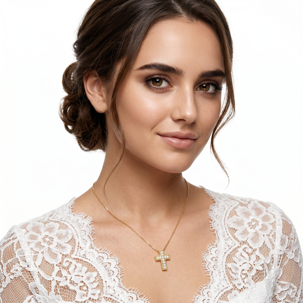 Roberto Coin 18K Yellow Gold Diamond Princess Cross Pendant worn by model