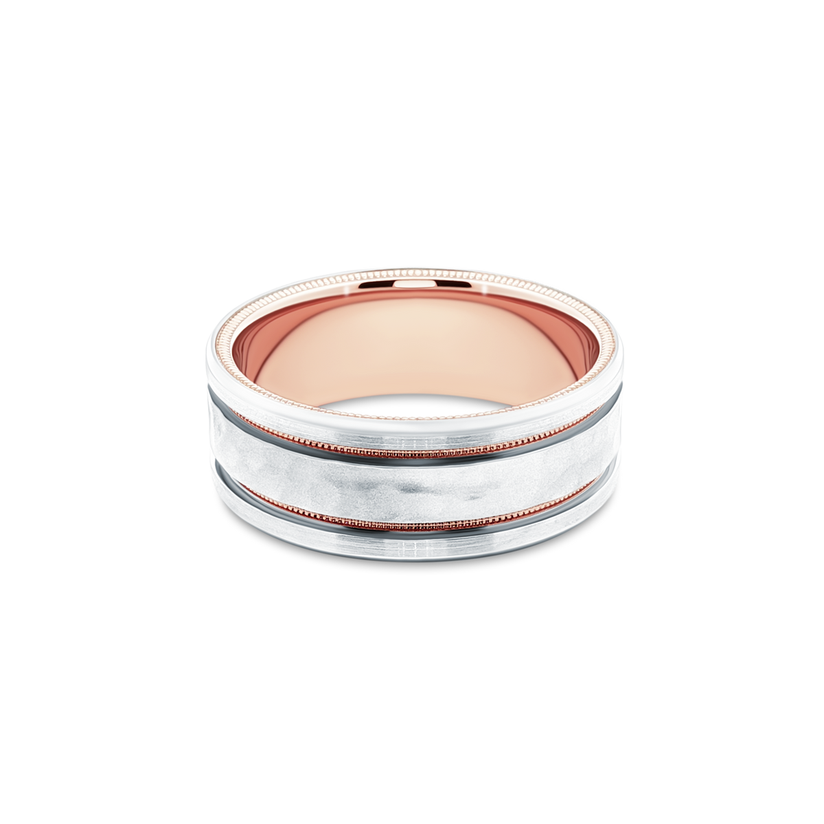 Verragio VW-8107HM hammered men's wedding band in two-tone white and rose gold