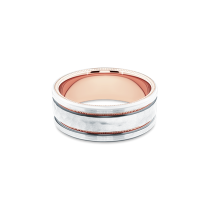 Verragio VW-8107HM hammered men's wedding band in two-tone white and rose gold