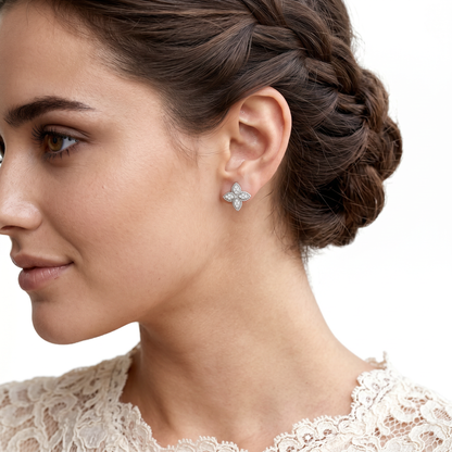 Roberto Coin Princess 18K Gold Diamond Flower Stud Earrings worn by model