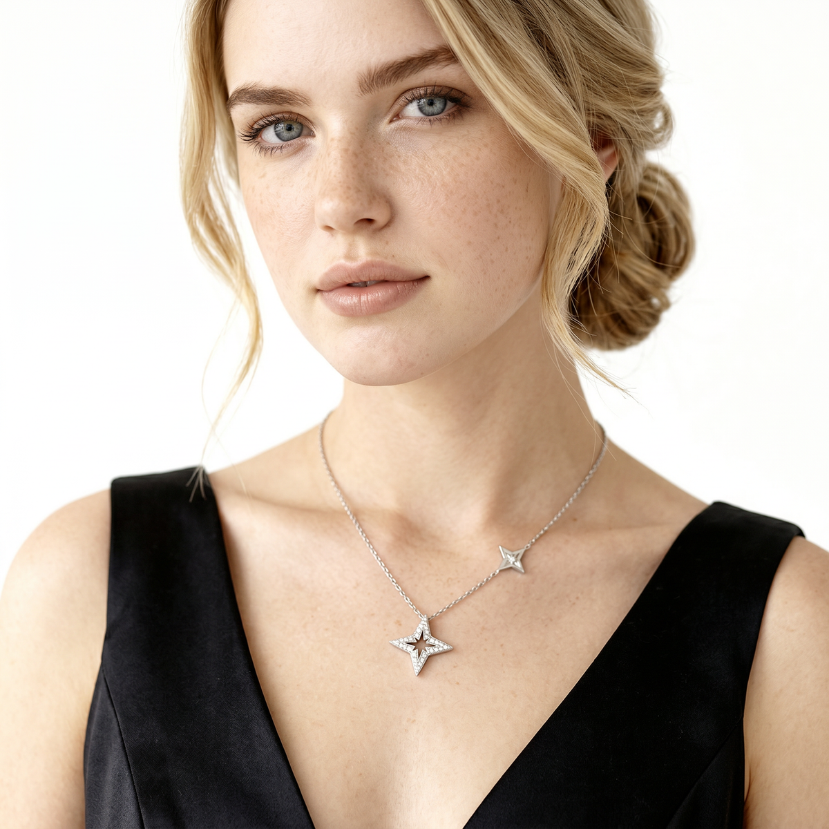 Roberto Coin 18K White Gold Diamond Princess Star Necklace worn by model