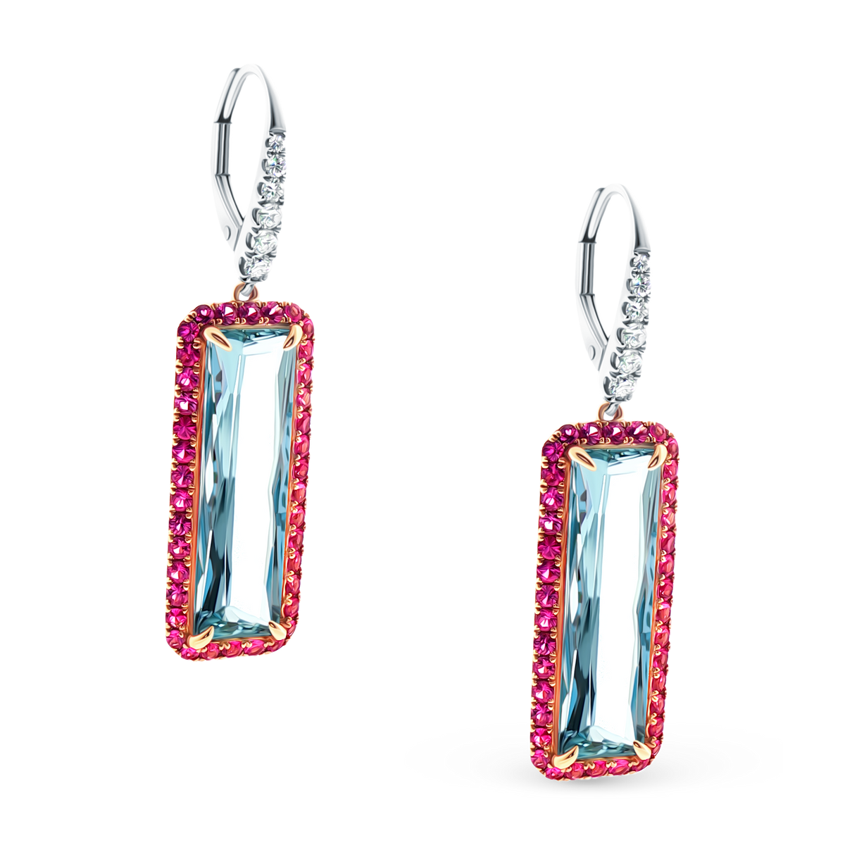 18k White and Rose Gold Diamond, Pink Sapphire and Aquamarine Drop Earrings, SKU 210-624