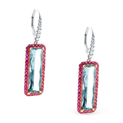 18k White and Rose Gold Diamond, Pink Sapphire and Aquamarine Drop Earrings, SKU 210-624
