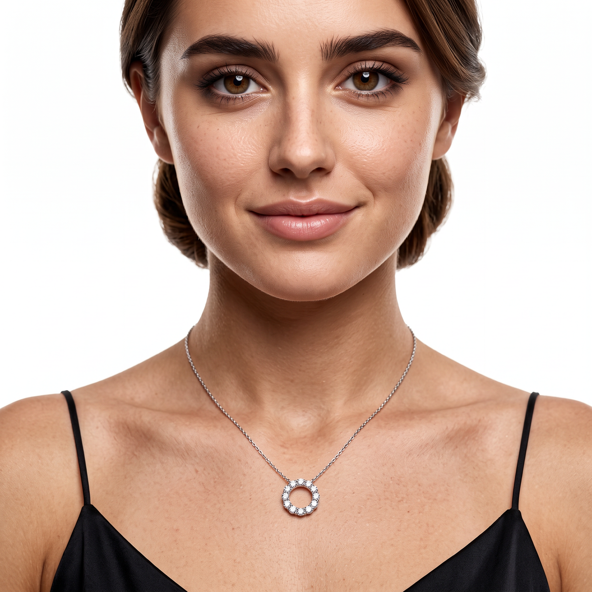 160-5396 — 1.55ct 18k White Gold Diamond Circle Pendant worn on model