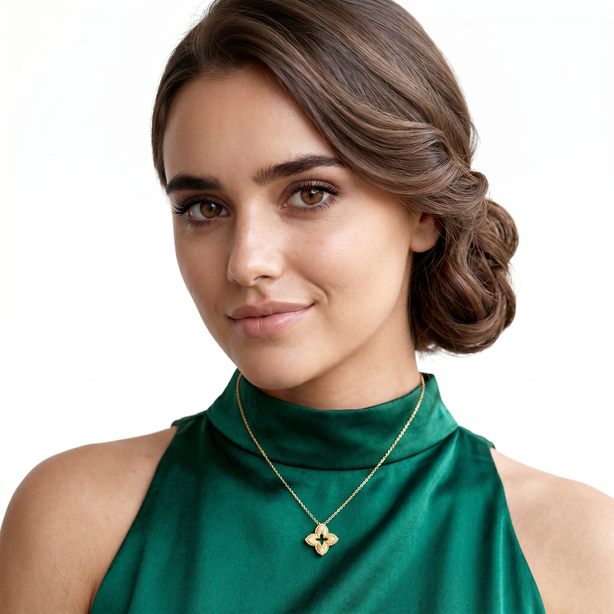 Roberto Coin Venetian Princess 18K Gold Diamond and Satin Flower Necklace worn by model