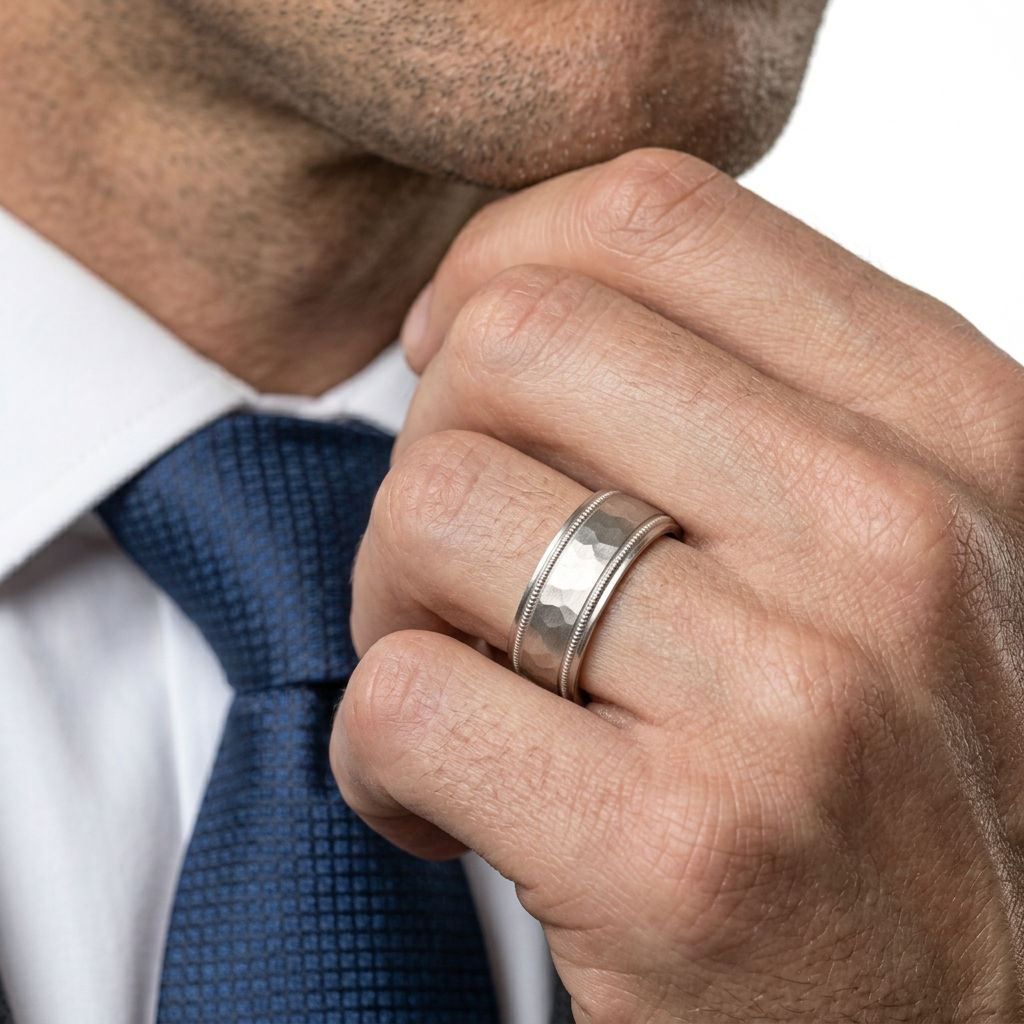 Verragio VWS-208-8 men's wedding band shown worn on the hand