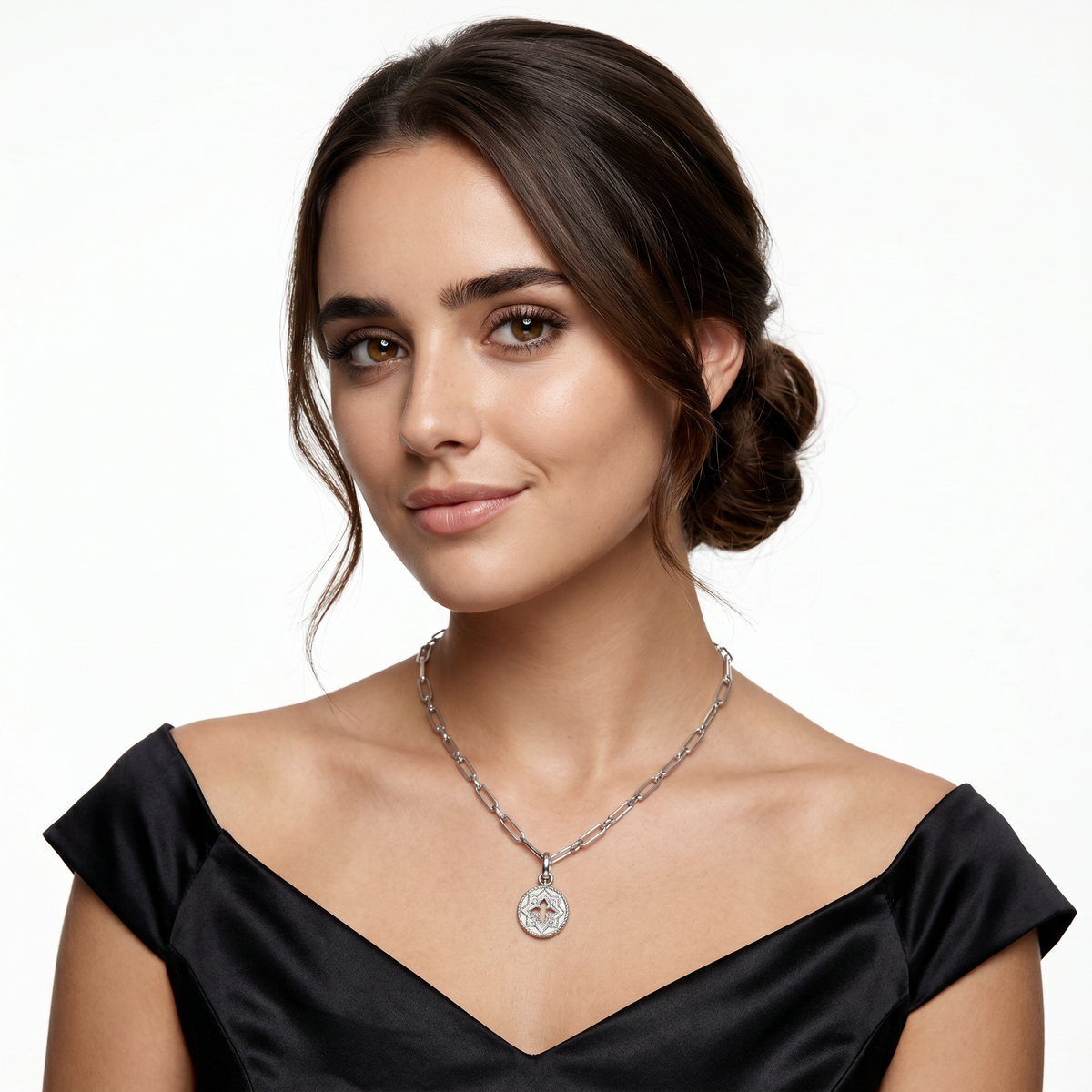 Roberto Coin 18K White Gold Venetian Princess Diamond Medallion Necklace worn by model
