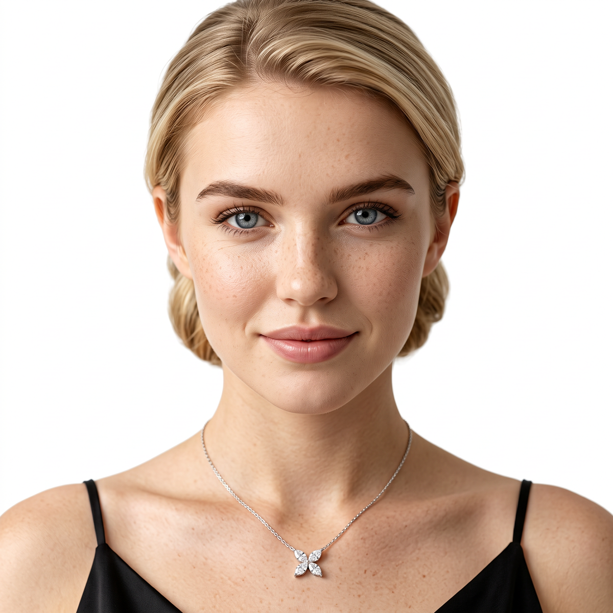 160-5392 — 2.05ct 18k White Gold Diamond Flower Pendant worn on model