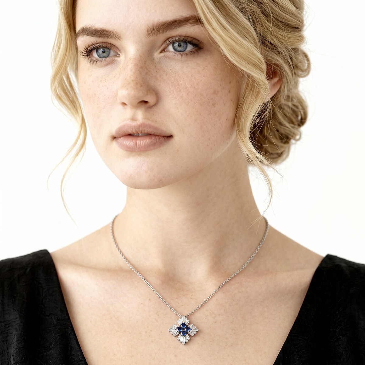 Roberto Coin Princess 18K White Gold Diamond & Sapphire Flower Necklace worn by model