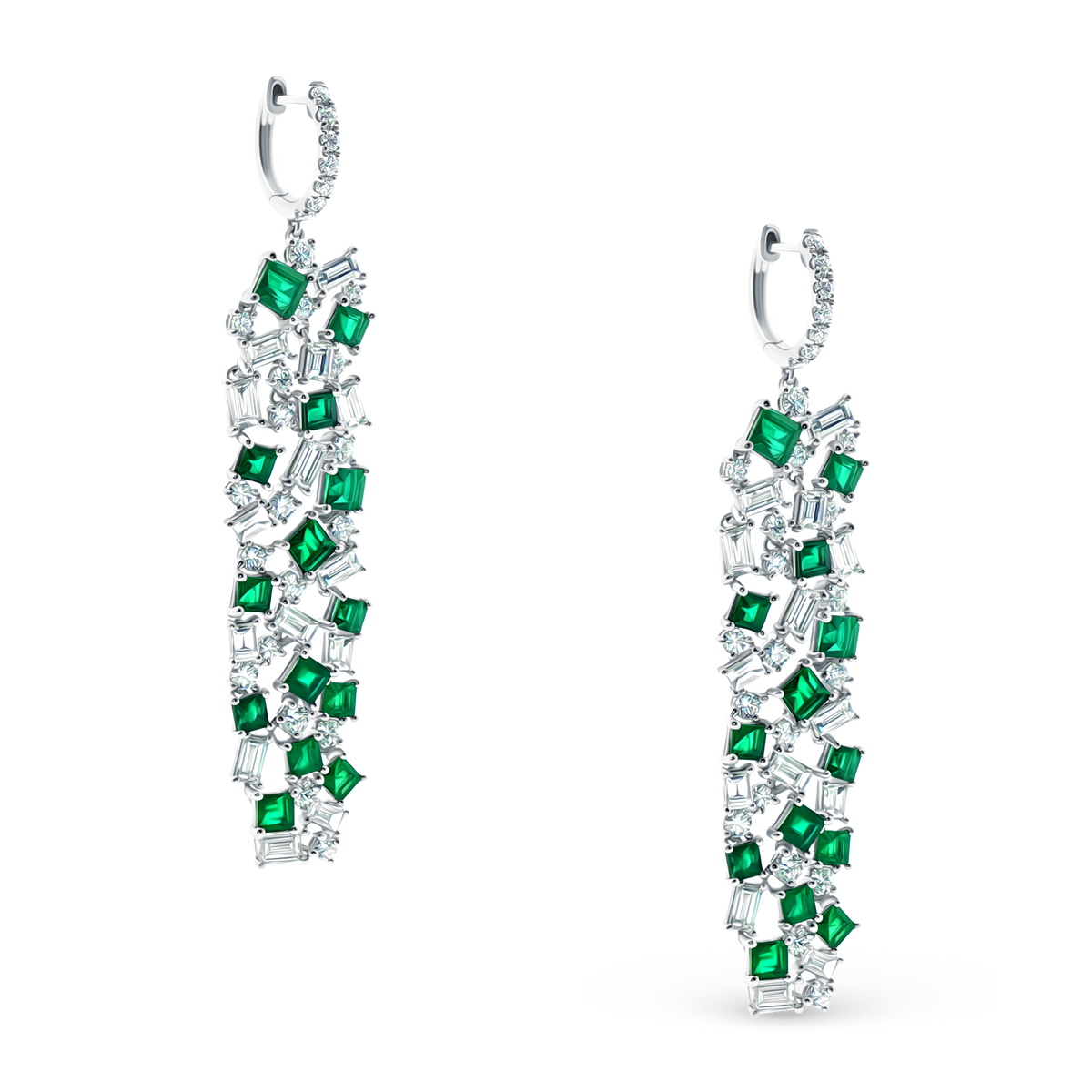 18k White Gold Diamond and Emerald Drop Earrings, SKU 210-625
