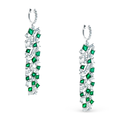 18k White Gold Diamond and Emerald Drop Earrings, SKU 210-625