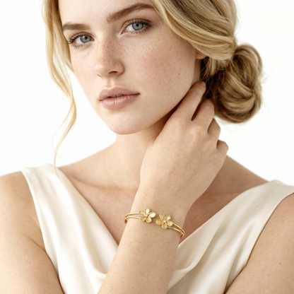 Roberto Coin Jasmine 18K Yellow Gold Diamond Flower Bangle worn by model