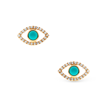 14k Yellow Gold Diamond and Turquoise Evil Eye Stud Earrings, SKU 150-6512