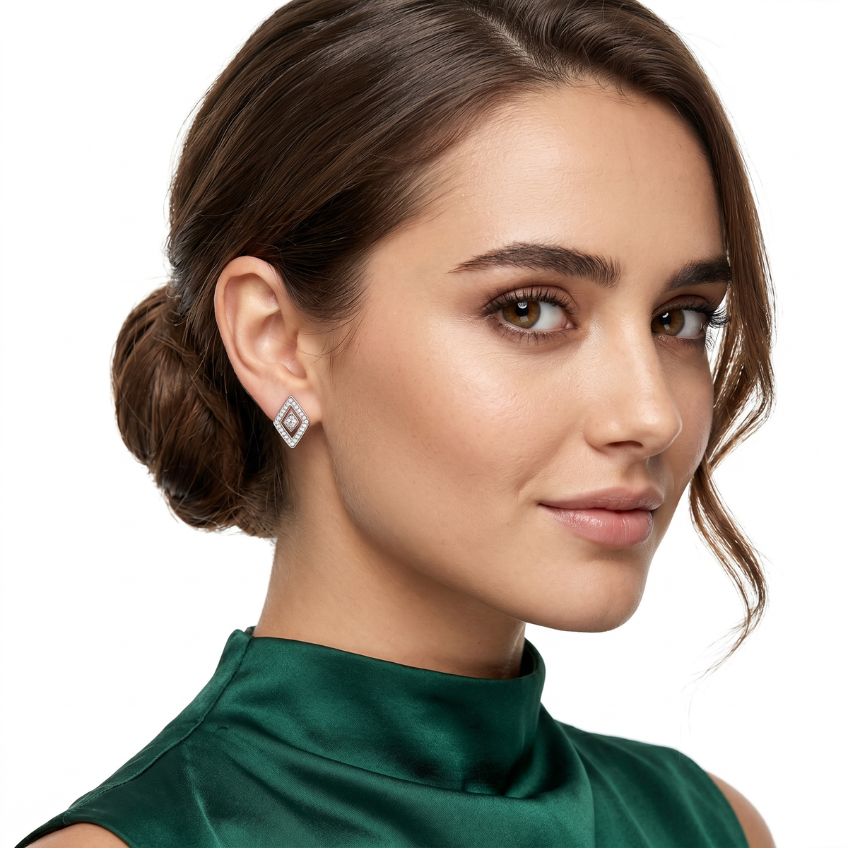 Roberto Coin 18K Gold Diamante Diamond Stud Earrings worn by model