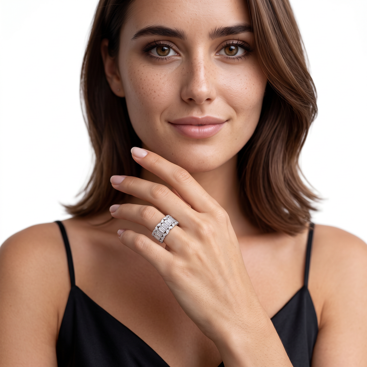 HT2695712 Tacori Emerald Cut & Pear Shape Diamond Wedding Band worn on model