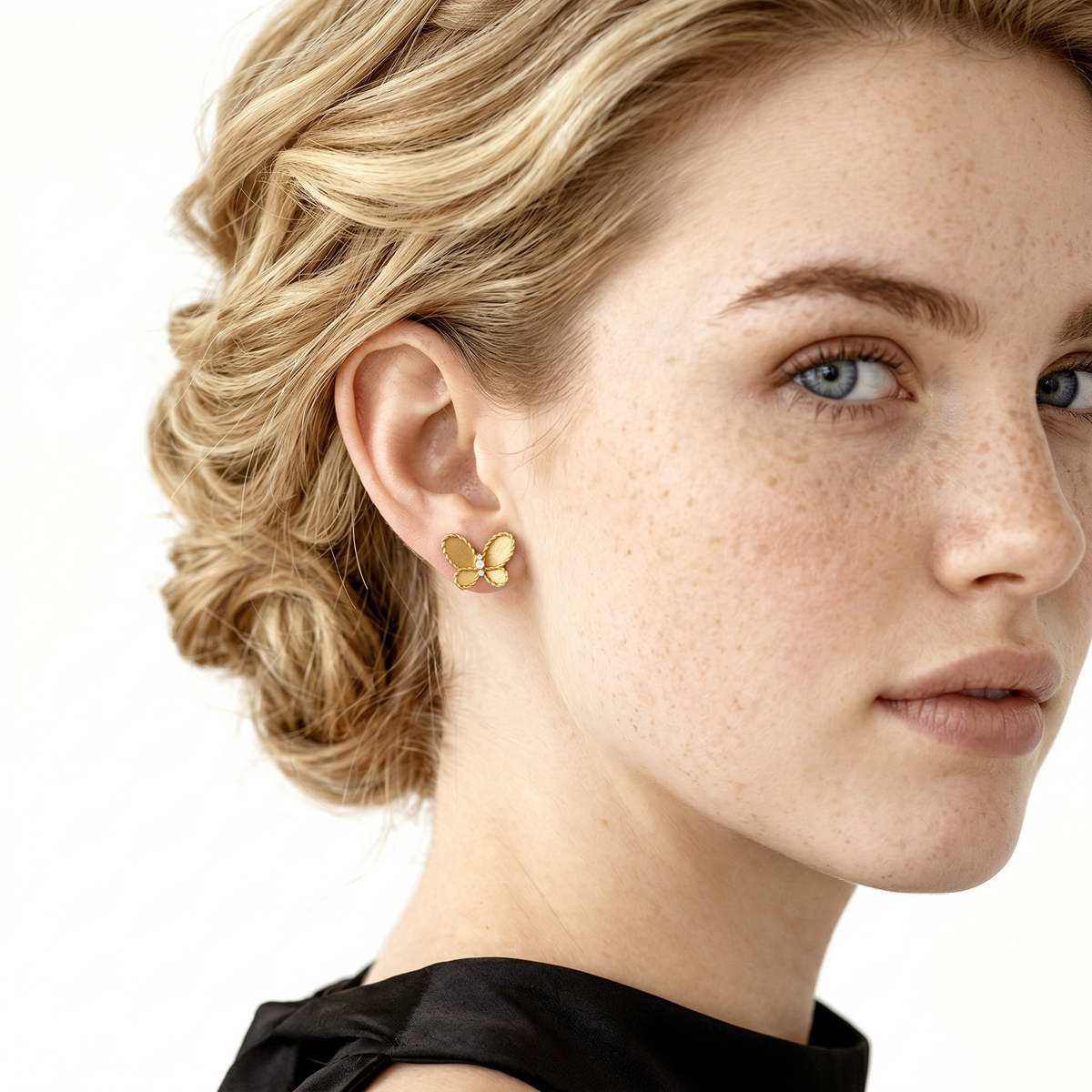 Roberto Coin 18K Yellow Gold Diamond and Satin Butterfly Stud Earrings worn by model