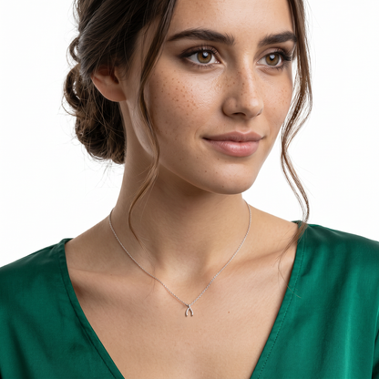 Roberto Coin 18K White Gold Diamond Wishbone Necklace worn by model