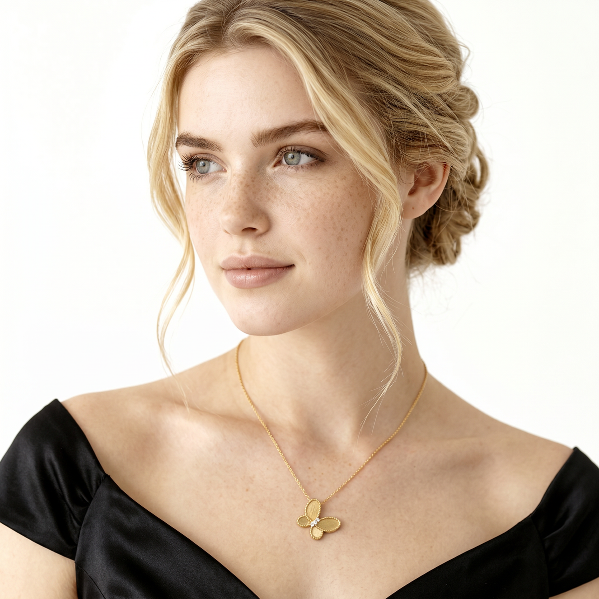 Roberto Coin 18K Yellow Gold Diamond and Satin Finish Butterfly Necklace worn by model