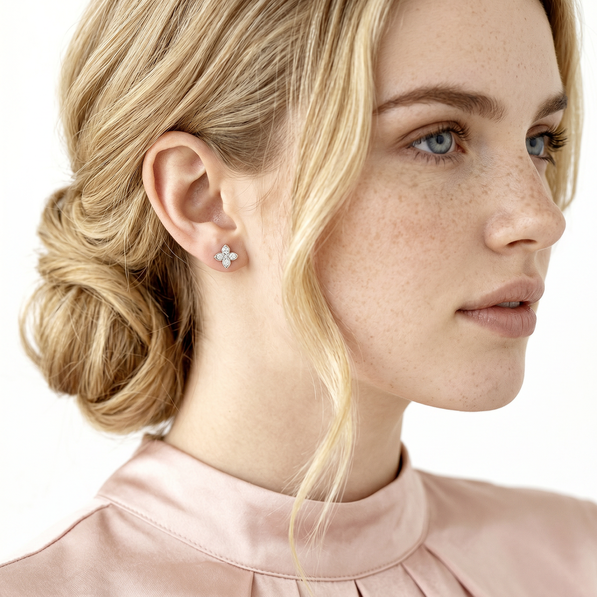 Roberto Coin Love In Verona Small Pave Diamond Flower Stud Earrings worn by model