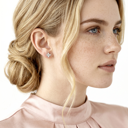 Roberto Coin Love In Verona Small Pave Diamond Flower Stud Earrings worn by model