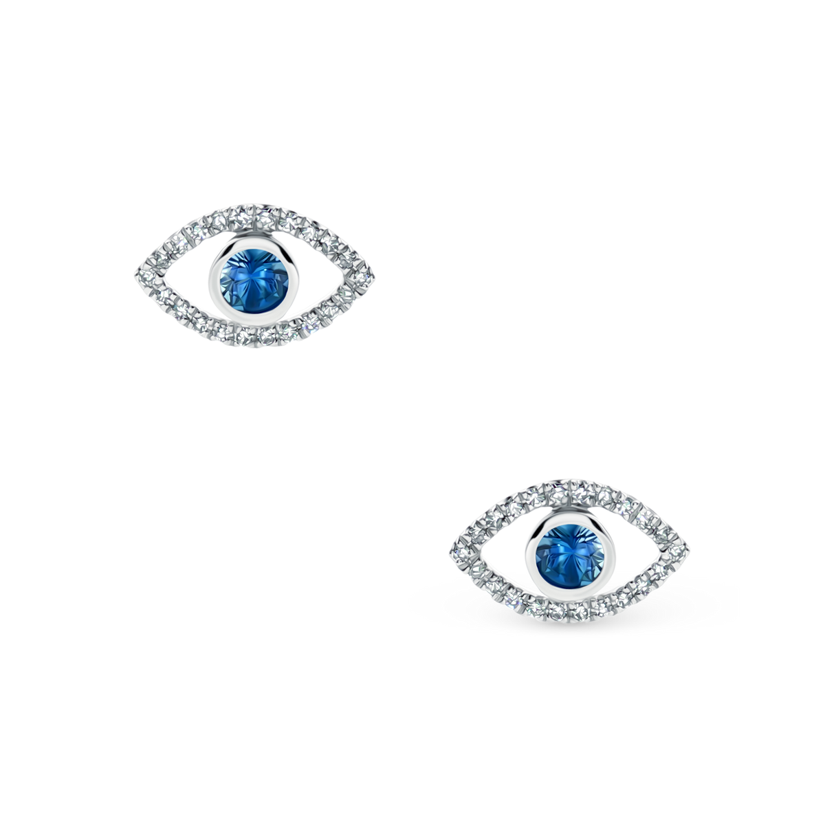 14k White Gold Diamond and Sapphire Evil Eye Stud Earrings, SKU 150-6514