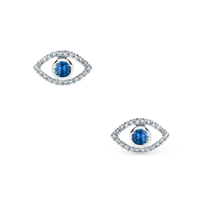 14k White Gold Diamond and Sapphire Evil Eye Stud Earrings, SKU 150-6514