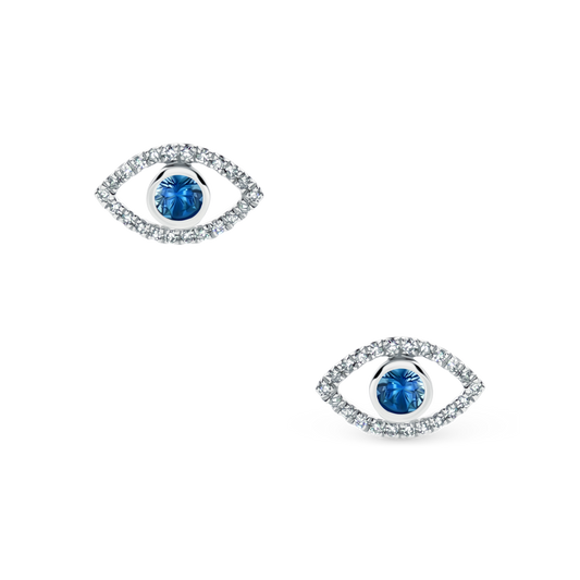 14k White Gold Diamond and Sapphire Evil Eye Stud Earrings, SKU 150-6514