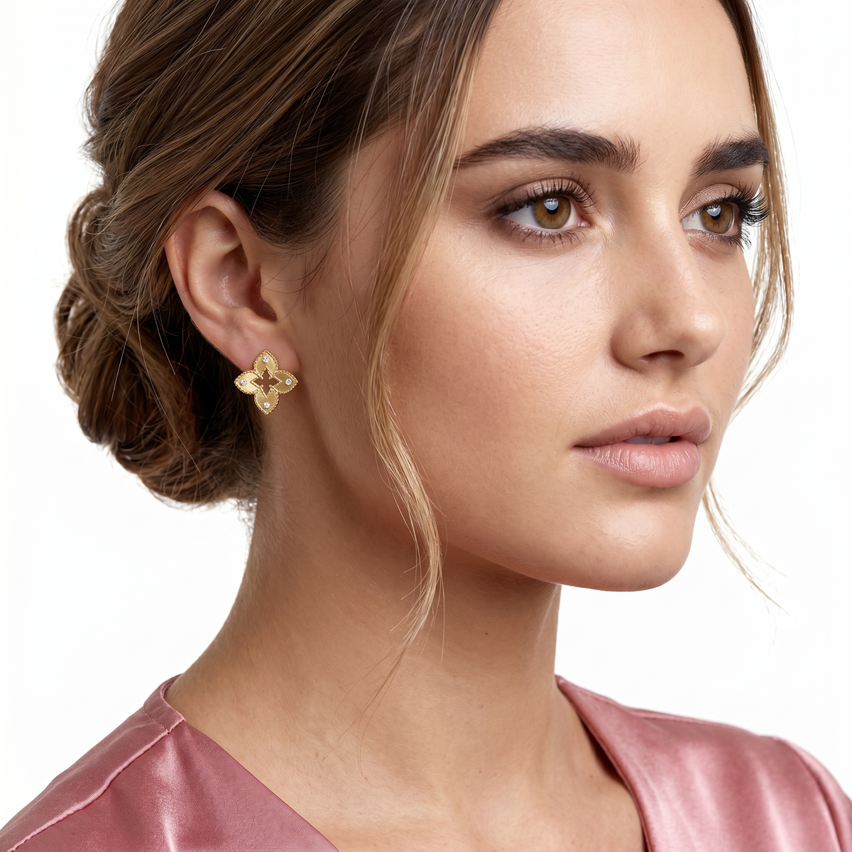 Roberto Coin Venetian 18K Gold Diamond and Satin Small Flower Earrings worn by model