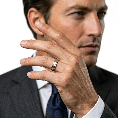 Verragio VW-7114 men's wedding band shown worn on the hand