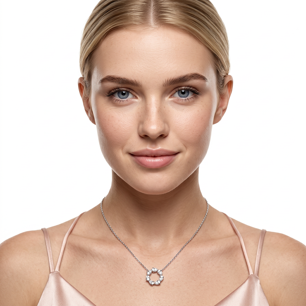 160-5390 — 1.10ct 18k White Gold Diamond Circle Pendant worn on model
