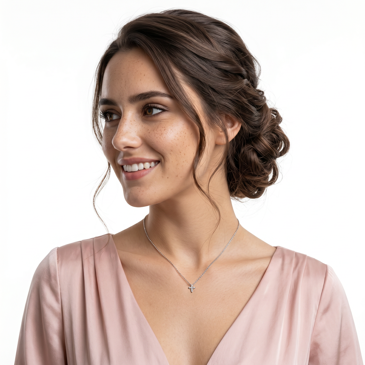 Roberto Coin 18K Gold Diamond Baby Cross Necklace worn by model