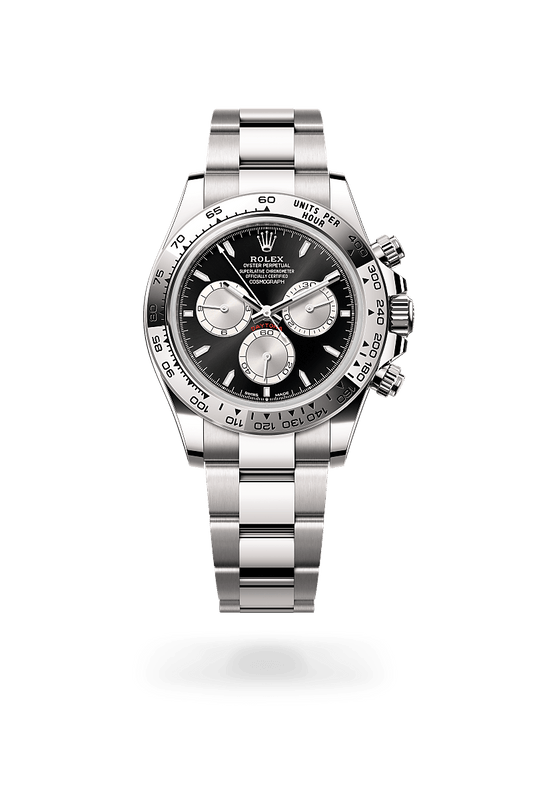 Rolex Cosmograph Daytona 40 in 18 ct white gold with bright black and steel dial and Oyster bracelet, view 1 of 4
